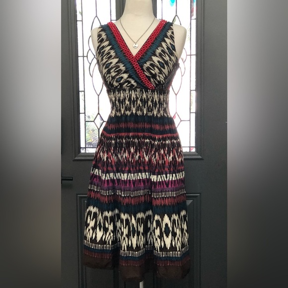 Charter Club Red Beaded V-Neckline Sleeveless Multicolored Boho Dress - Picture 1 of 10